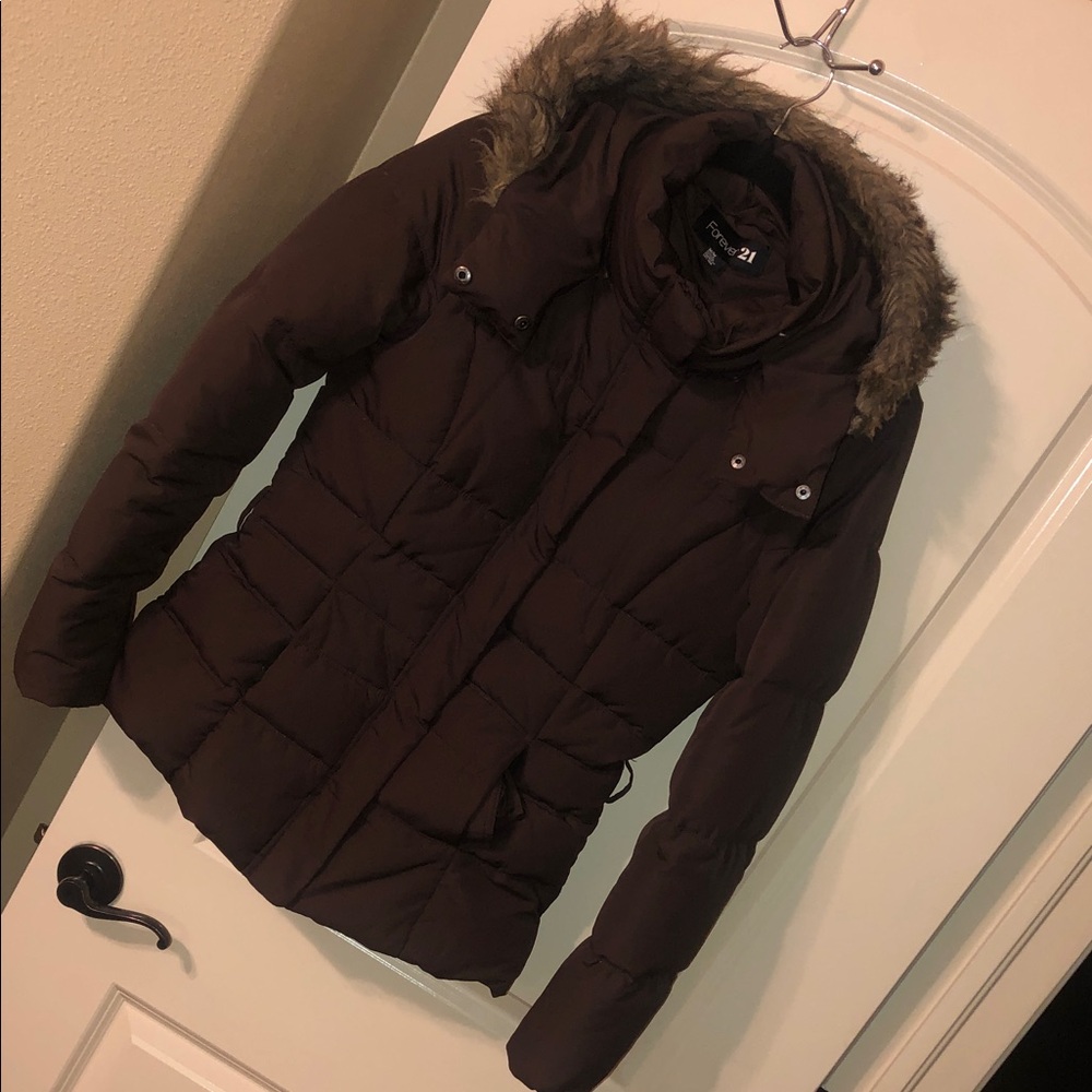Forever 21 Women's Brown Quilted Puffer Jacket with Faux Fur Hood